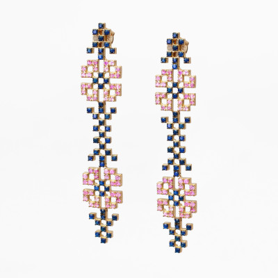 Tatreez Elongated Flower Earring with Sapphires in 18K Gold