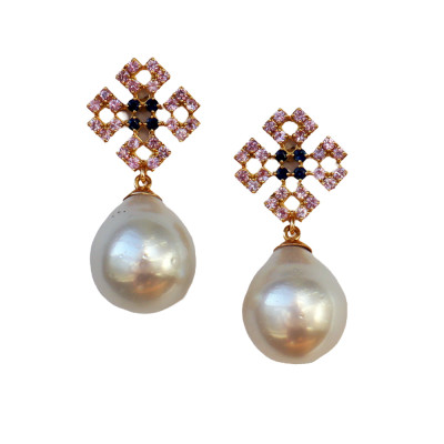 Tatreez  flower Earring with Sapphires,18K Gold and a South Sea Pearl