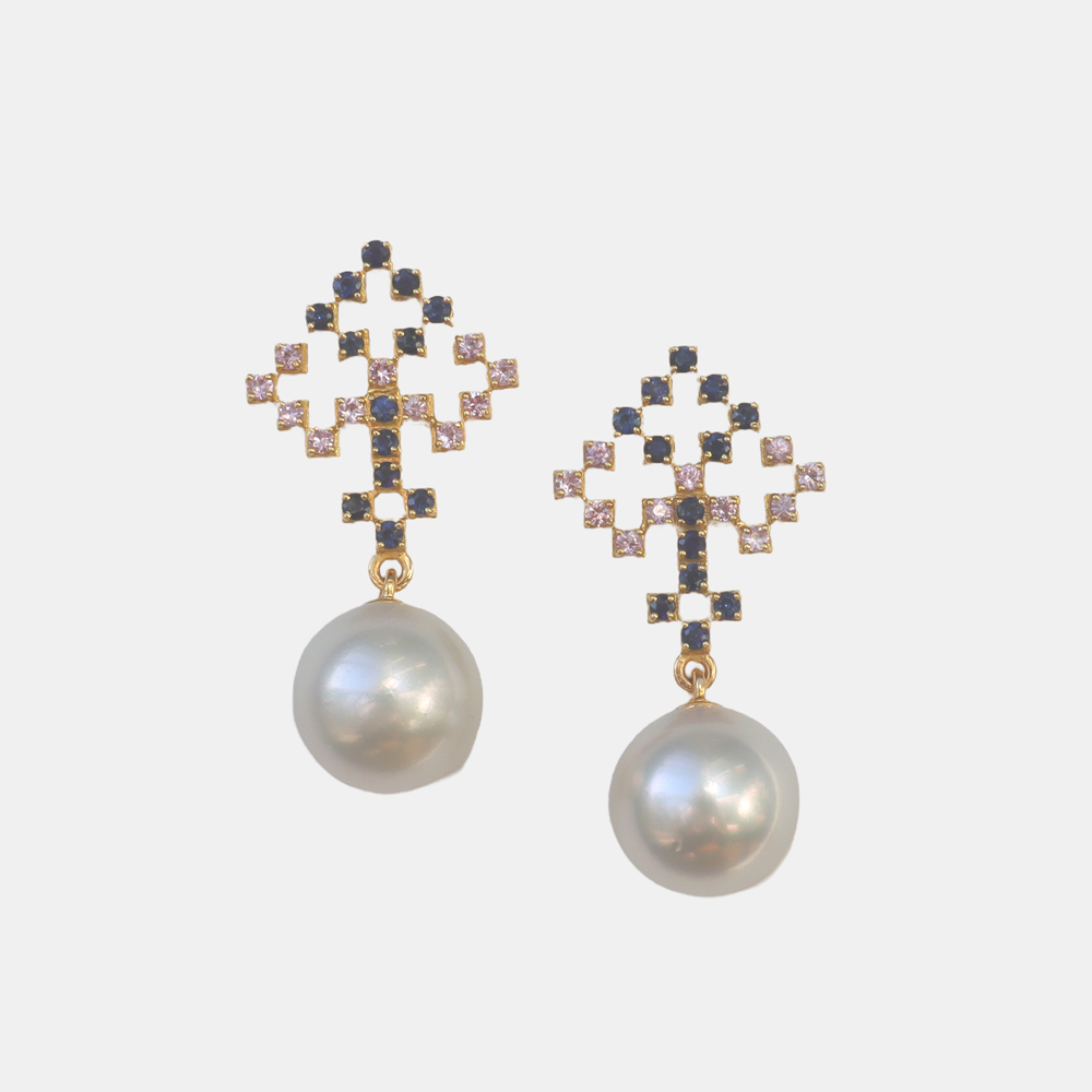 Tatreez  Earring with Sapphires,18K Gold and a South Sea Pearl